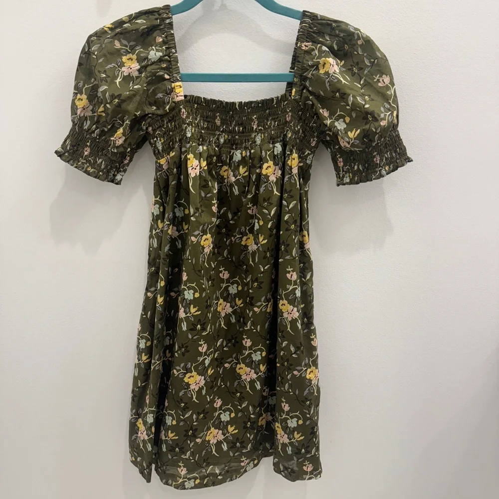 Tory Burch Olive Green Floral Smocked Mini Dress